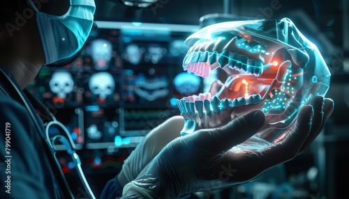 The futuristic medical technology is showcased in the form of the glowing, holographic jaw being cradled by the healthcare professional photo