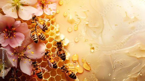 Bees at work on honeycomb with fresh honey, surrounded by vibrant flowers, copy space.