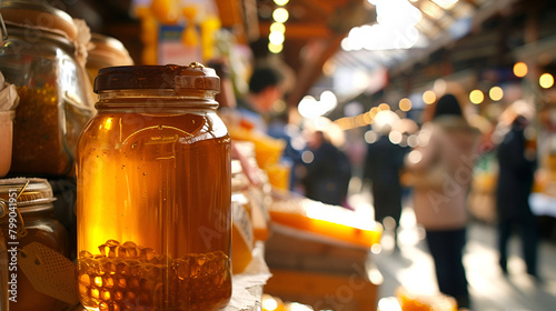Market stall brimming with honey jars, lively trade scene photo