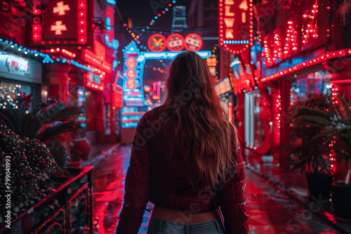 woman walking at night on a street with red neon lights, gambling street photo