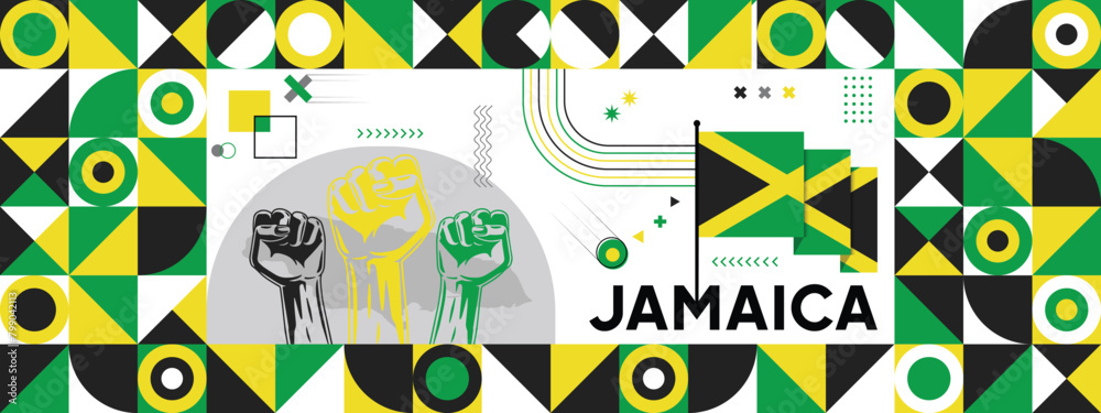 Flag and map of Jamaica with raised fists. National day or Independence day design for Counrty celebration. Modern retro design with abstract icons. Vector illustration. Flag and map of Jamaica with raised fists. National day or Independence day design for Counrty celebration. Modern retro design with abstract icons. Vector illustration.