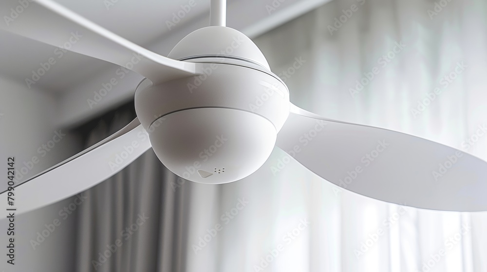 Modern ceiling fan with white blades in a softly lit room capturing the essence of contemporary design