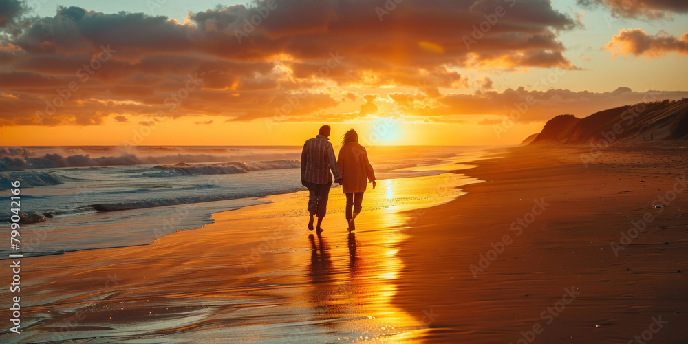 Romantic couple enjoying a peaceful sunset beach stroll by the water's edge, with colorful skies reflected in the wet sand