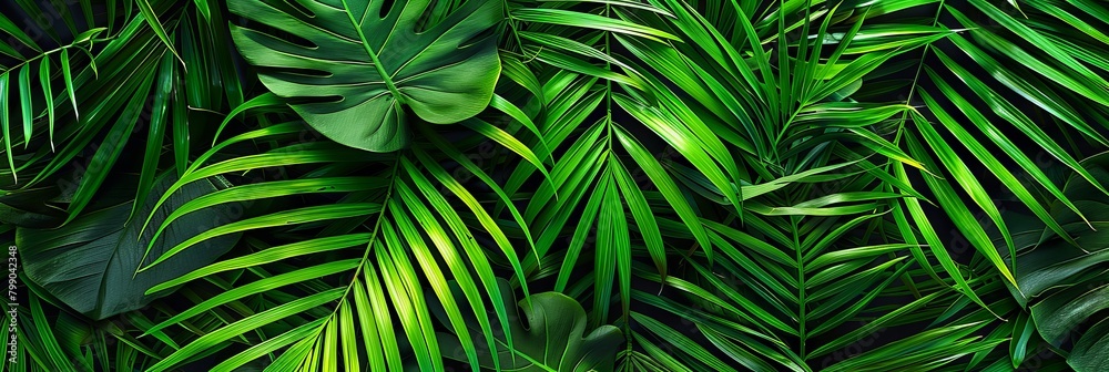 Naklejka premium Palm Leaf Pattern, Lush Jungle Background, Exotic Tropic Foliage, Palm Leaves Silk Embroidery