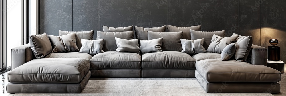 Fototapeta premium Big Sofa in Modern Room Interior, Luxury Home Furniture, Contemporary Decor, Sofa Background