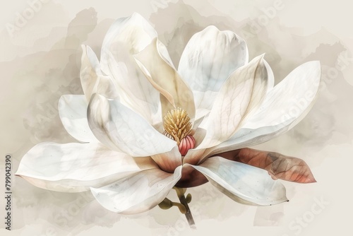 Magnolia Flower Isolated  Vintage Painting  White Magnolia Drawing Imitation  Luxurious Spring Flowers