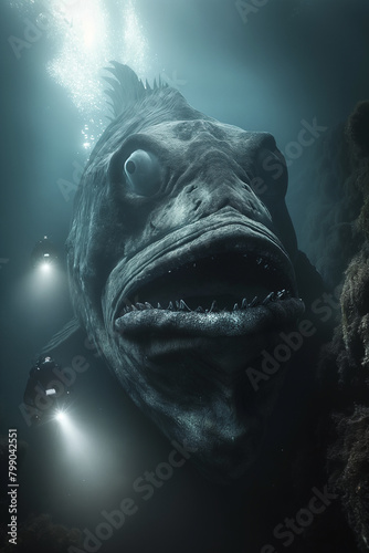underwater photography of super hughe fish with sharp teeth, giant creature, deep sea diver in the dark water background, photorealistic // ai-generated  photo