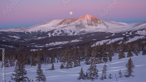  A snow-capped mountain under a full moon's glow, with scattered trees in the foreground