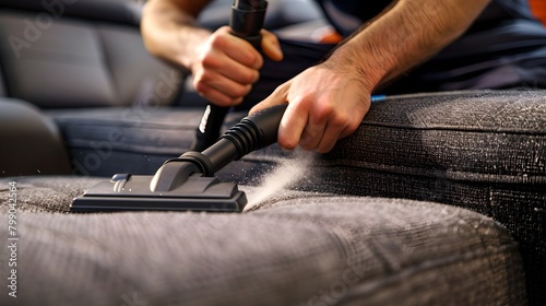Man Using Vacuum Cleaner on Sofa for Deep Cleaning and Dust Removal. Home hygiene and fabric care. Close-up, selective focus. AI photo