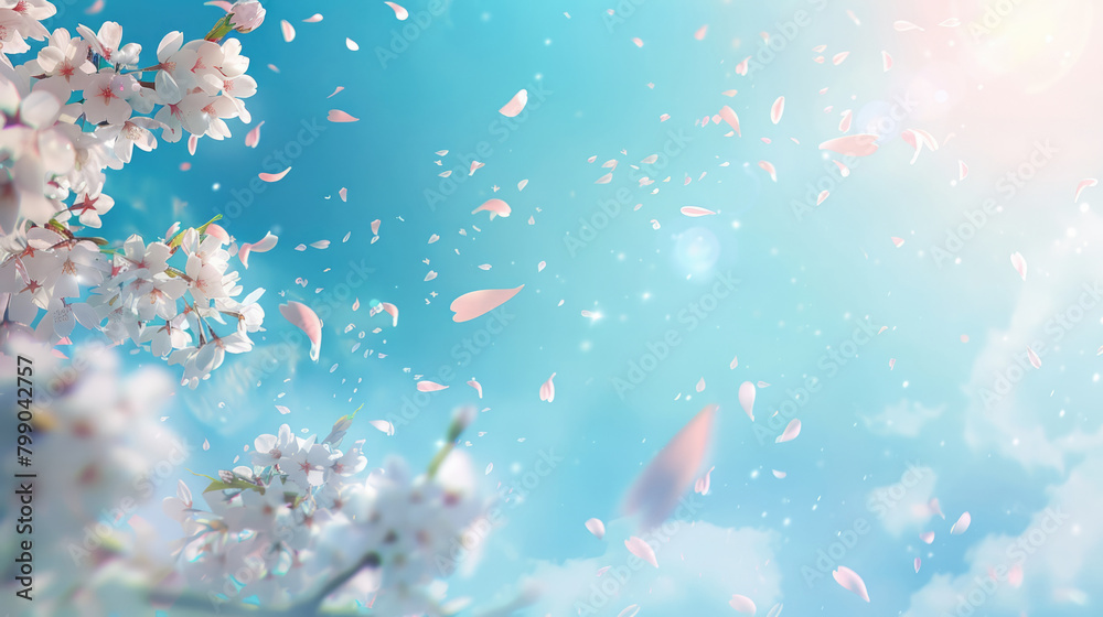 Cherry blossom sakura tree branches with flying flower petals, spring blurred background in Japanese drawing style