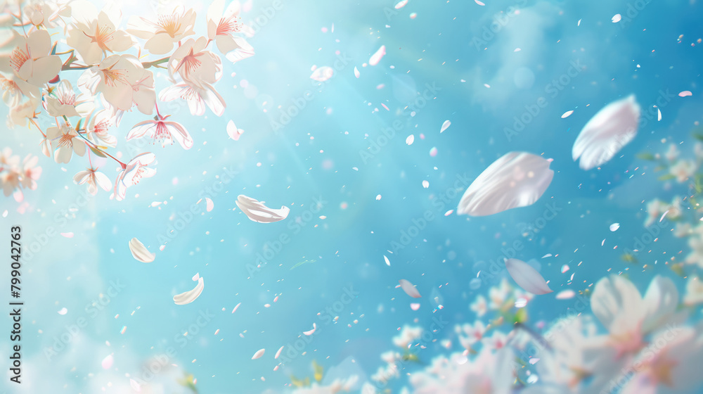 Cherry blossom sakura tree branches with flying flower petals, spring blurred background in Japanese drawing style