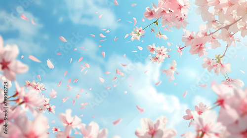 Cherry blossom sakura tree branches with flying flower petals  spring blurred background in Japanese drawing style