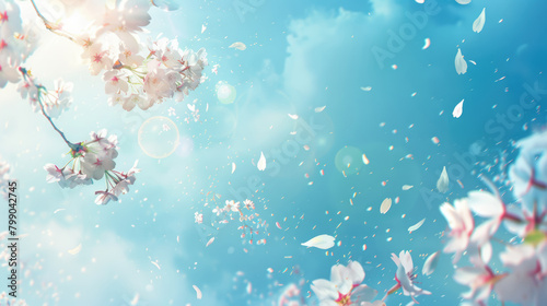 Cherry blossom sakura tree branches with flying flower petals, spring blurred background in Japanese drawing style © eireenz