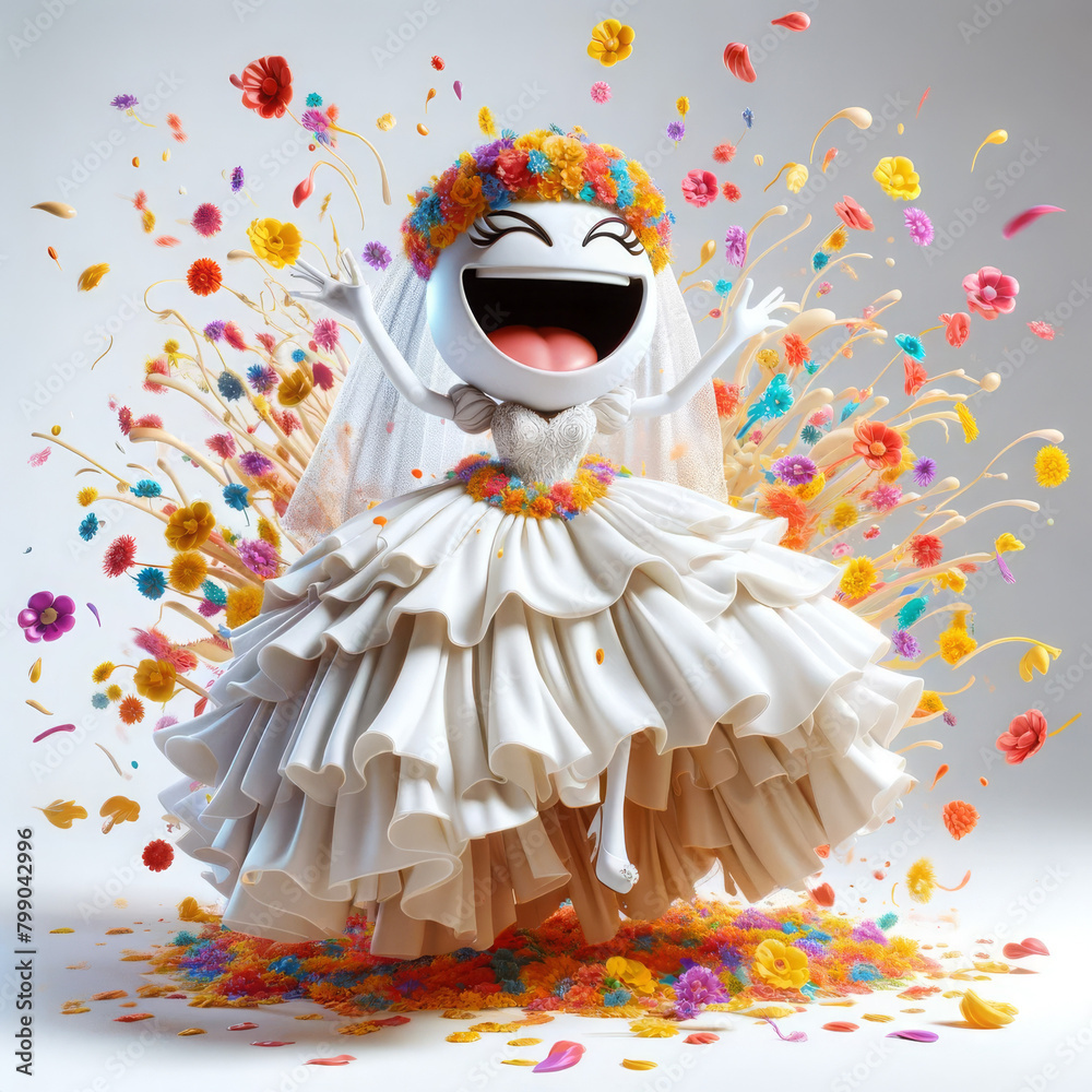 A vibrant, whimsical image of a laughing emoji bride surrounded by a burst of colorful flowers, expressing sheer joy.