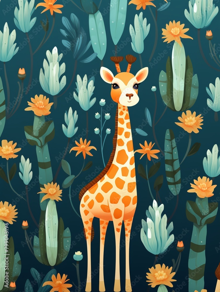 Giraffes and succulents, repeating design, flat illustration, solid color , seamless pattern Giraffes and succulents, repeating design, flat illustration, solid color , seamless pattern
