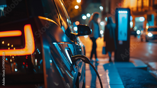 Electric car charging at night with city lights.