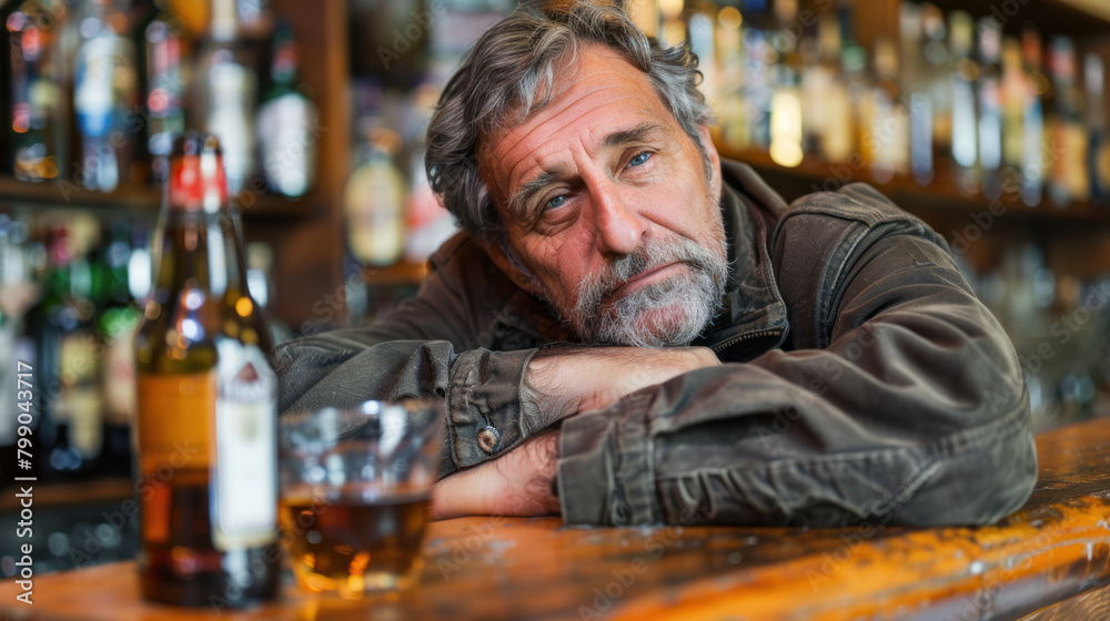 Sad middle aged alcoholic consuming drinks in pub Sad middle aged alcoholic consuming drinks in pub