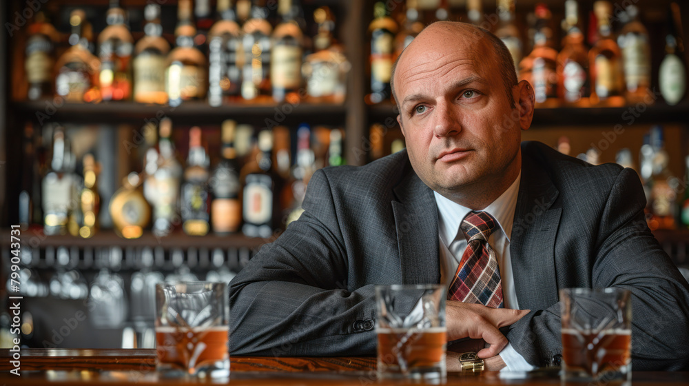 Sad middle aged business man consuming drinks in pub