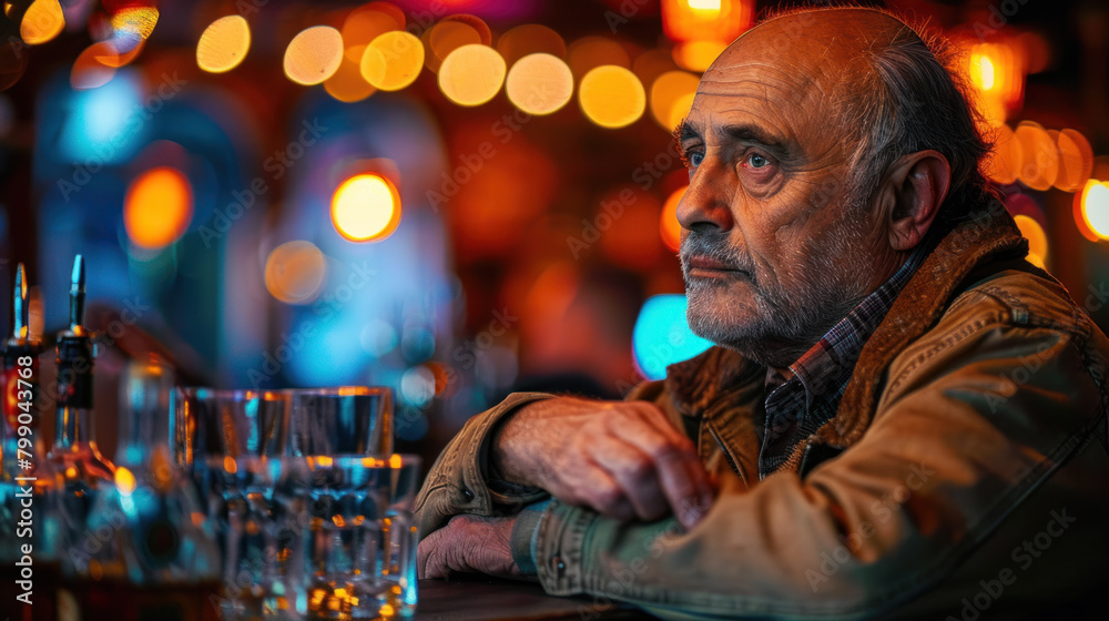 Sad middle aged alcoholic consuming drinks in pub