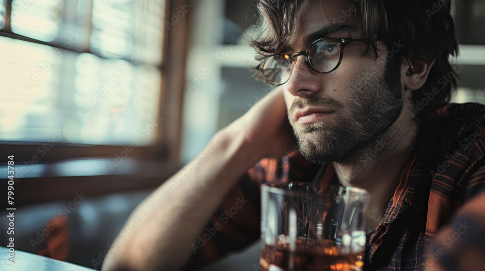 Depressed young man with glass of whisky