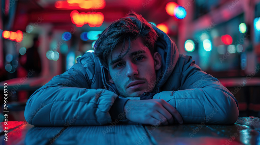 Obraz premium Young sad man in a bar