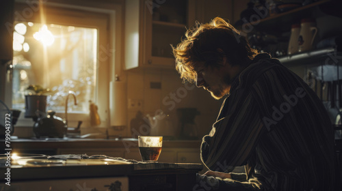 Heavy binge drinker in his destroyed abandoned apartment photo