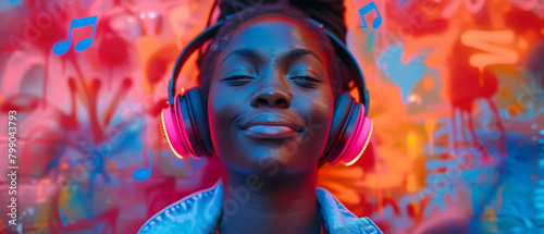 A young woman with headphones on is listening to music in front of a colorful background.