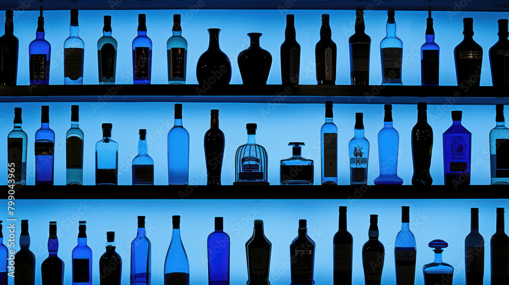 Electric blue bottles in pub or restaurant Electric blue bottles in pub or restaurant