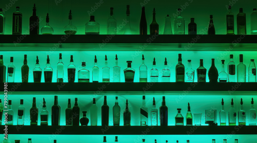 Green lit bottles in pub or restaurant