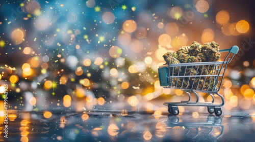 Shopping cart with cannabis buds on abstract colorful background