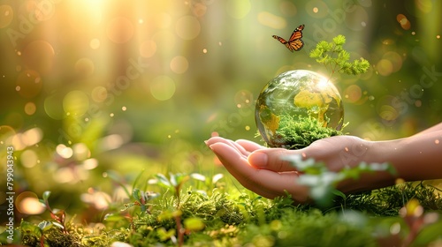 A hand holding a crystal ball with a forest inside and a butterfly perched on top.