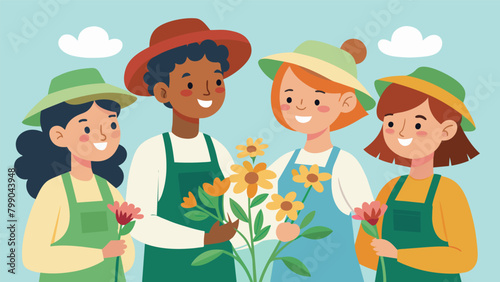 A group of budding botanists wearing matching gardening aprons and hats excitedly discussing their favorite flowers and herbs. photo