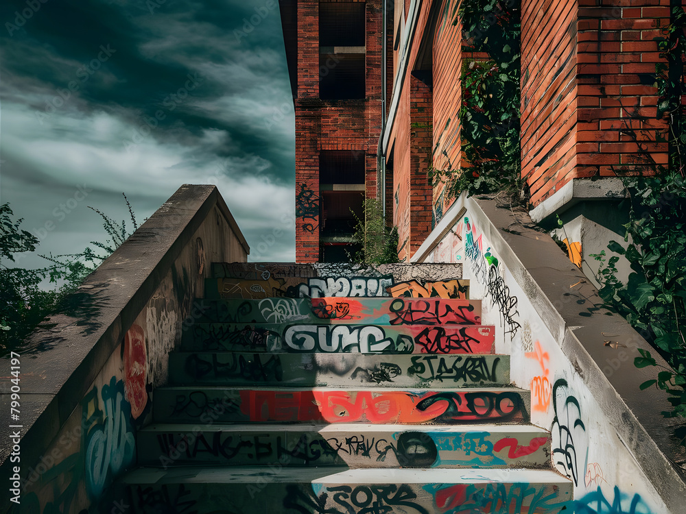 Naklejka premium Escalera con grafitis en la ciudad, espacio abandonado