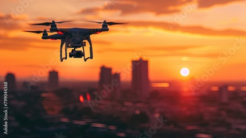 Silhouette of a drone flying over the city at sunset AI generated