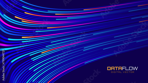 Digital Data Flow Vector Background. Big Data Technology Fast Moving Speed Lines. 5G Fast Wireless Data Transmission. High Speed of Light Trails. Information Flow in Cyberspace. Vector Illustration.