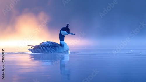 Western grebe in calm water at sunrise photo