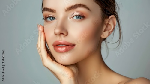 Serene Beauty Portrait: Young Woman with Flawless Skin, Blue Eyes. Perfect for Skincare and Wellness Use. AI