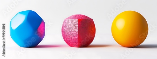 Three colored balls of different shapes, with one blue ball on the left, and two pink spheres in between. The third yellow sphere is placed to the right against a white background photo