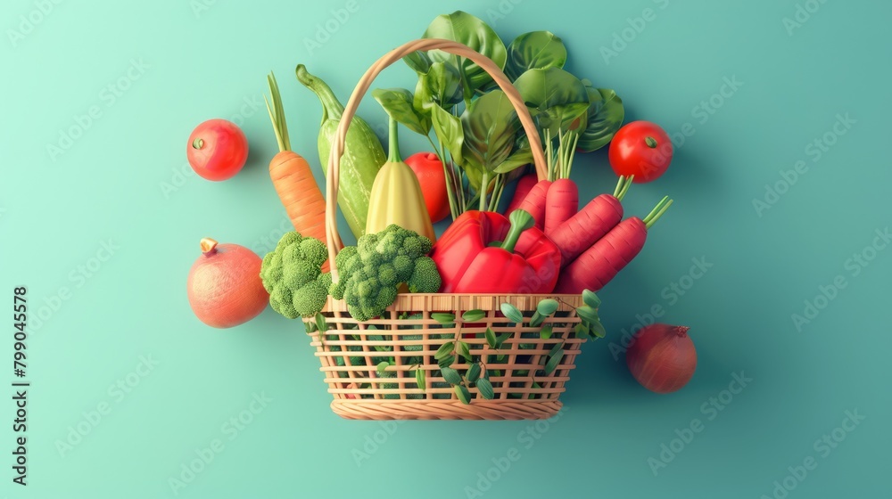 Healthy eating concept with fruits and vegetables in a shopping basket on vibrant background. Healthy eating concept with fruits and vegetables in a shopping basket on vibrant background.