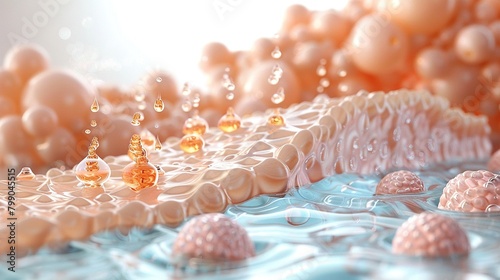 3D illustration of a cell membrane with water and lipid droplets