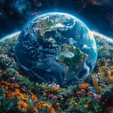 A beautiful digital painting of planet Earth surrounded by a lush garden of flowers and plants.