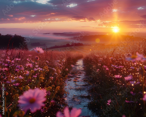 A beautiful landscape with a meadow of flowers and a stream running through it