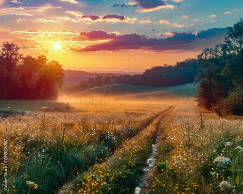 A beautiful summer landscape with a meadow  a forest  and a sunset.