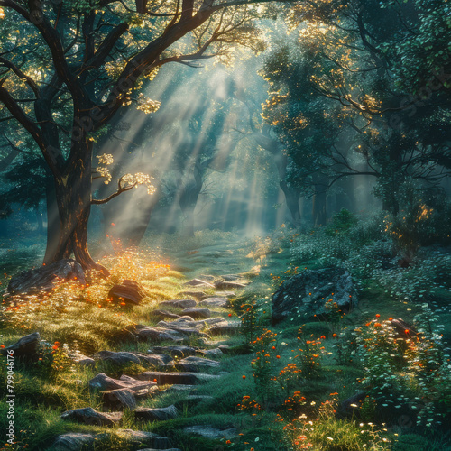 A beautiful painting of a lush green forest with a stone path leading through it. The sun is shining brightly through the trees and there are flowers blooming everywhere.