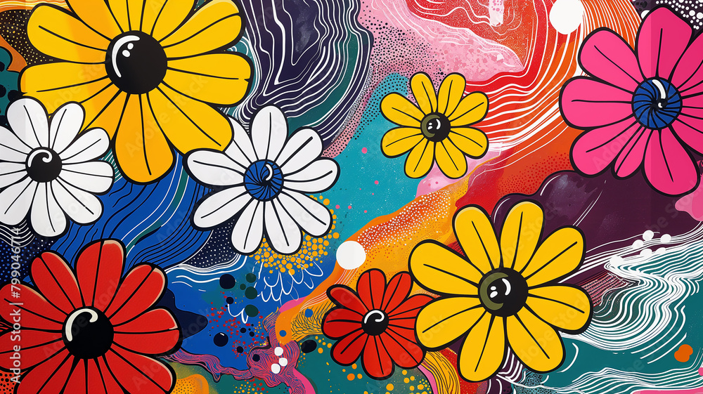 Pop art flowers design marble decoration for the wall. Colorful background in pop art retro comic style. Pop art background usable for interior design. Pop art flowers design marble decoration for the wall. Colorful background in pop art retro comic style. Pop art background usable for interior design.
