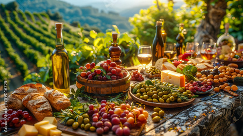 A wooden table laden with a variety of food and drink, including grapes, olives, bread, cheese, and wine, with a vineyard in the background. photo