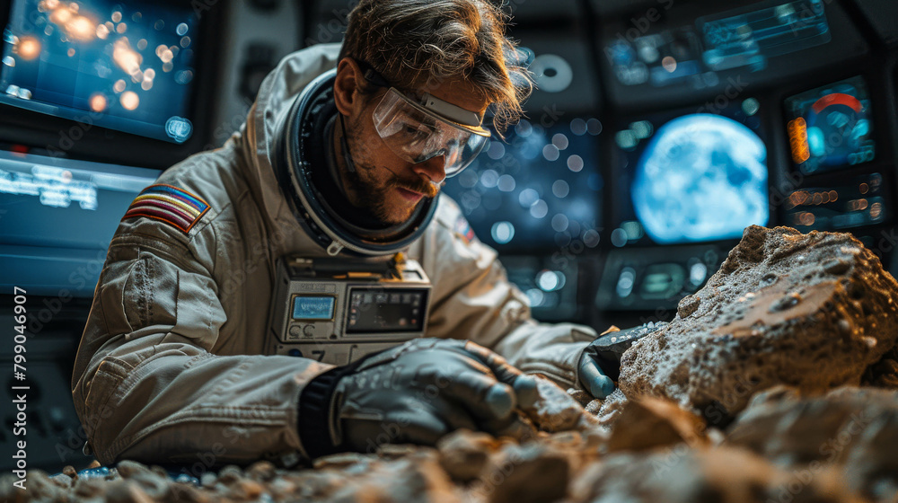 An astronaut in a spacesuit examines a rock sample on Mars.