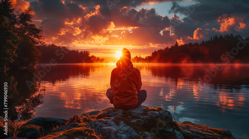 A person sitting on a rock in front of a lake at sunset photo