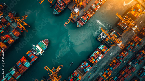 A container ship is being loaded and unloaded at a busy port.