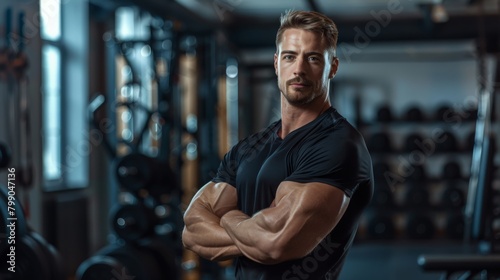 Confident male trainer with arms crossed in gym. Fitness instructor portrait. Healthy lifestyle motivation.